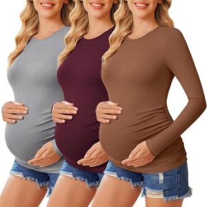 imageEkouaer 3 Packs Maternity Shirts Crew Neck Long Sleeve Pregnancy Tee Tops Tunic Blouse Casual Mama Clothes3pcs Burgundy Red  Caramel  Grey