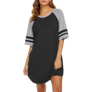 imageEkouaer Cotton Nightgowns for Women Short Sleeve Sleep Shirts Crew Neck Night Shirts Soft Color Block Night GownBlack