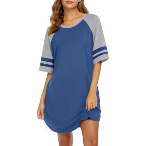 imageEkouaer Cotton Nightgowns for Women Short Sleeve Sleep Shirts Crew Neck Night Shirts Soft Color Block Night GownBlue