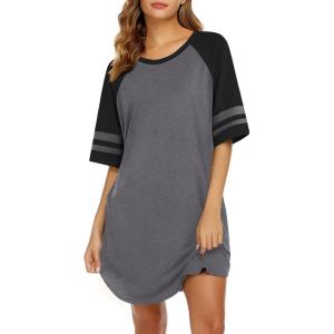 imageEkouaer Cotton Nightgowns for Women Short Sleeve Sleep Shirts Crew Neck Night Shirts Soft Color Block Night GownDark Grey