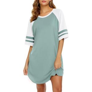 imageEkouaer Cotton Nightgowns for Women Short Sleeve Sleep Shirts Crew Neck Night Shirts Soft Color Block Night GownGreen