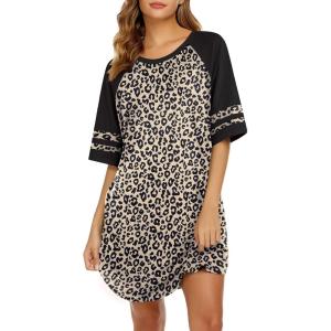 imageEkouaer Cotton Nightgowns for Women Short Sleeve Sleep Shirts Crew Neck Night Shirts Soft Color Block Night GownLeopard Brown