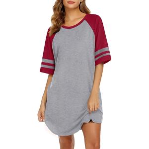 imageEkouaer Cotton Nightgowns for Women Short Sleeve Sleep Shirts Crew Neck Night Shirts Soft Color Block Night GownLight Grey