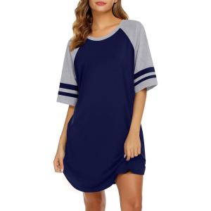 imageEkouaer Cotton Nightgowns for Women Short Sleeve Sleep Shirts Crew Neck Night Shirts Soft Color Block Night GownNavy Blue