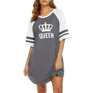 imageEkouaer Cotton Nightgowns for Women Short Sleeve Sleep Shirts Crew Neck Night Shirts Soft Color Block Night GownQueen Grey
