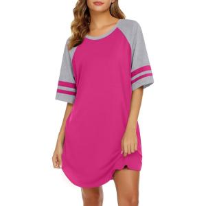 imageEkouaer Cotton Nightgowns for Women Short Sleeve Sleep Shirts Crew Neck Night Shirts Soft Color Block Night GownRose Red