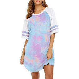 imageEkouaer Cotton Nightgowns for Women Short Sleeve Sleep Shirts Crew Neck Night Shirts Soft Color Block Night GownTie Dye