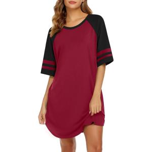 imageEkouaer Cotton Nightgowns for Women Short Sleeve Sleep Shirts Crew Neck Night Shirts Soft Color Block Night GownWine Red
