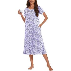 imageEkouaer Cotton Nightgowns for Women Soft Long Button Night Gowns Comfy House Dress with Pockets Short Sleeve Sleepwear S3XLBlue Dot