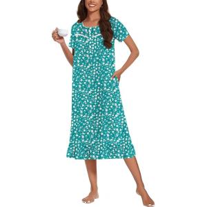 imageEkouaer Cotton Nightgowns for Women Soft Long Button Night Gowns Comfy House Dress with Pockets Short Sleeve Sleepwear S3XLGreen Florals