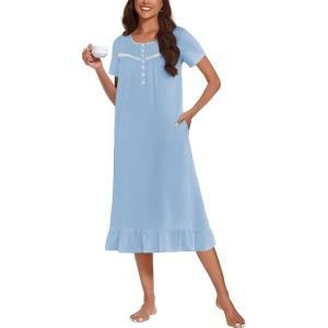 imageEkouaer Cotton Nightgowns for Women Soft Long Button Night Gowns Comfy House Dress with Pockets Short Sleeve Sleepwear S3XLLight Blue