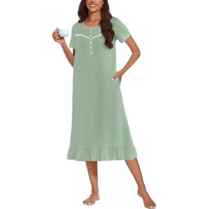 imageEkouaer Cotton Nightgowns for Women Soft Long Button Night Gowns Comfy House Dress with Pockets Short Sleeve Sleepwear S3XLLight Green