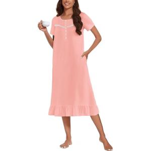 imageEkouaer Cotton Nightgowns for Women Soft Long Button Night Gowns Comfy House Dress with Pockets Short Sleeve Sleepwear S3XLLight Pink