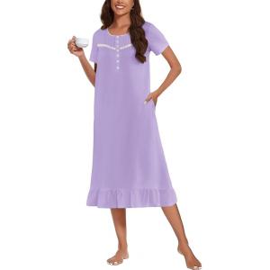 imageEkouaer Cotton Nightgowns for Women Soft Long Button Night Gowns Comfy House Dress with Pockets Short Sleeve Sleepwear S3XLLilac