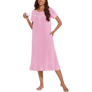 imageEkouaer Cotton Nightgowns for Women Soft Long Button Night Gowns Comfy House Dress with Pockets Short Sleeve Sleepwear S3XLPink