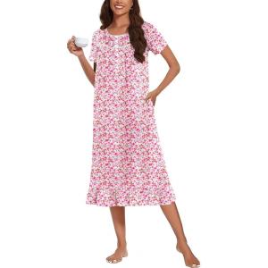 imageEkouaer Cotton Nightgowns for Women Soft Long Button Night Gowns Comfy House Dress with Pockets Short Sleeve Sleepwear S3XLPink Flower