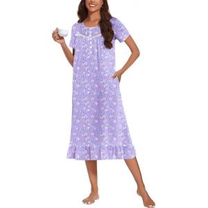 imageEkouaer Cotton Nightgowns for Women Soft Long Button Night Gowns Comfy House Dress with Pockets Short Sleeve Sleepwear S3XLPurple Florals