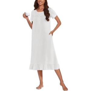 imageEkouaer Cotton Nightgowns for Women Soft Long Button Night Gowns Comfy House Dress with Pockets Short Sleeve Sleepwear S3XLWhite