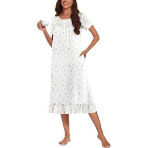 imageEkouaer Cotton Nightgowns for Women Soft Long Button Night Gowns Comfy House Dress with Pockets Short Sleeve Sleepwear S3XLWhite Flowers