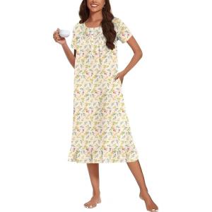 imageEkouaer Cotton Nightgowns for Women Soft Long Button Night Gowns Comfy House Dress with Pockets Short Sleeve Sleepwear S3XLYellow Florals