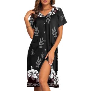 imageEkouaer House Dresses for Women with Pockets Button Down Nightgowns Plus Size Moo Moos Mumu Dresses Floral Print S3XLBlack Flower