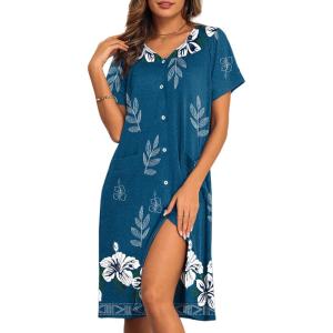 imageEkouaer House Dresses for Women with Pockets Button Down Nightgowns Plus Size Moo Moos Mumu Dresses Floral Print S3XLBlue Green Flower