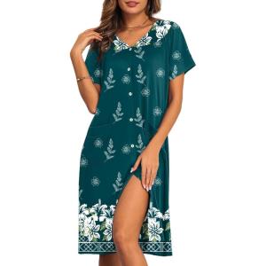 imageEkouaer House Dresses for Women with Pockets Button Down Nightgowns Plus Size Moo Moos Mumu Dresses Floral Print S3XLDeep Green Flower