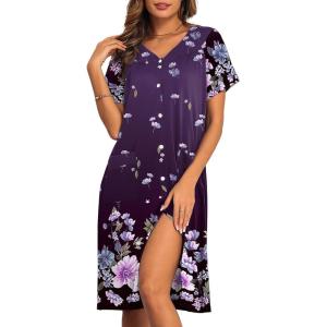 imageEkouaer House Dresses for Women with Pockets Button Down Nightgowns Plus Size Moo Moos Mumu Dresses Floral Print S3XLFlower Purple