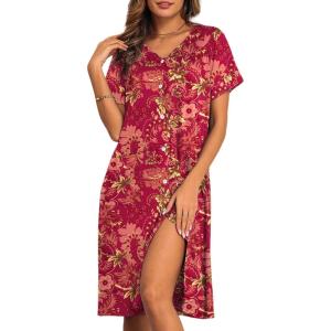 imageEkouaer House Dresses for Women with Pockets Button Down Nightgowns Plus Size Moo Moos Mumu Dresses Floral Print S3XLFlower Red