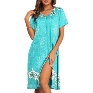 imageEkouaer House Dresses for Women with Pockets Button Down Nightgowns Plus Size Moo Moos Mumu Dresses Floral Print S3XLLight Green Flower
