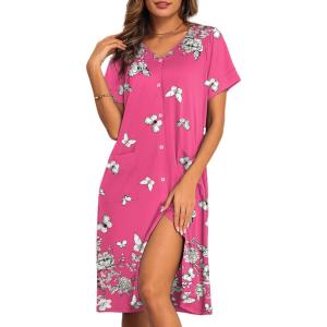 imageEkouaer House Dresses for Women with Pockets Button Down Nightgowns Plus Size Moo Moos Mumu Dresses Floral Print S3XLWhite Butterflies
