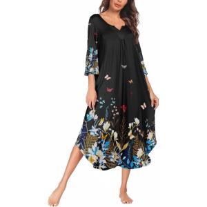 imageEkouaer Long Nightgown for Women 34 Sleeves Nightshirt Maxi Sleep Dress Plus Size Loungewear Full Length SleepwearBlack Floral