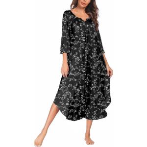 imageEkouaer Long Nightgown for Women 34 Sleeves Nightshirt Maxi Sleep Dress Plus Size Loungewear Full Length SleepwearBlack White Floral