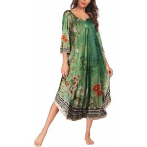 imageEkouaer Long Nightgown for Women 34 Sleeves Nightshirt Maxi Sleep Dress Plus Size Loungewear Full Length SleepwearGreen Floral