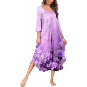 imageEkouaer Long Nightgown for Women 34 Sleeves Nightshirt Maxi Sleep Dress Plus Size Loungewear Full Length SleepwearLight Purple Flower
