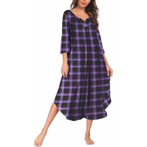 imageEkouaer Long Nightgown for Women 34 Sleeves Nightshirt Maxi Sleep Dress Plus Size Loungewear Full Length SleepwearPurple Plaid