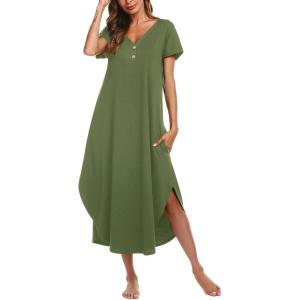 imageEkouaer Long Nightgowns for Women Button Night Gowns Short Sleeve Sleepwear Full Length Sleep Shirts With Pockets S3XLArmy Green