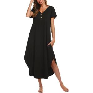 imageEkouaer Long Nightgowns for Women Button Night Gowns Short Sleeve Sleepwear Full Length Sleep Shirts With Pockets S3XLBlack