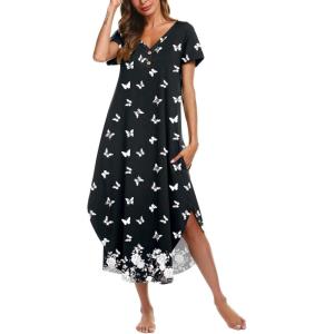 imageEkouaer Long Nightgowns for Women Button Night Gowns Short Sleeve Sleepwear Full Length Sleep Shirts With Pockets S3XLButterfly