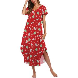 imageEkouaer Long Nightgowns for Women Button Night Gowns Short Sleeve Sleepwear Full Length Sleep Shirts With Pockets S3XLChristmas Elk