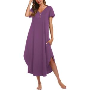 imageEkouaer Long Nightgowns for Women Button Night Gowns Short Sleeve Sleepwear Full Length Sleep Shirts With Pockets S3XLEggplant Purple