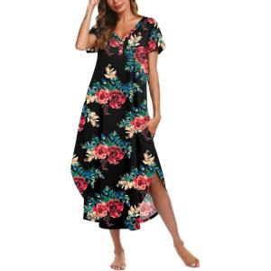 imageEkouaer Long Nightgowns for Women Button Night Gowns Short Sleeve Sleepwear Full Length Sleep Shirts With Pockets S3XLFlower Black