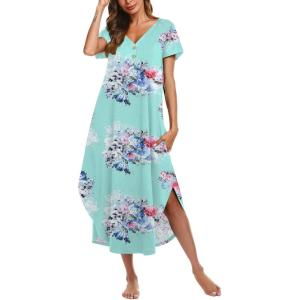 imageEkouaer Long Nightgowns for Women Button Night Gowns Short Sleeve Sleepwear Full Length Sleep Shirts With Pockets S3XLFlower Light Blue