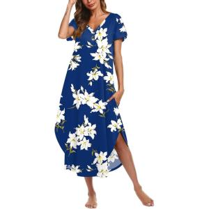 imageEkouaer Long Nightgowns for Women Button Night Gowns Short Sleeve Sleepwear Full Length Sleep Shirts With Pockets S3XLFlower Navy Blue