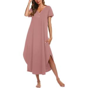 imageEkouaer Long Nightgowns for Women Button Night Gowns Short Sleeve Sleepwear Full Length Sleep Shirts With Pockets S3XLGray Purple Red