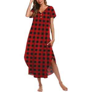imageEkouaer Long Nightgowns for Women Button Night Gowns Short Sleeve Sleepwear Full Length Sleep Shirts With Pockets S3XLGrid