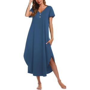 imageEkouaer Long Nightgowns for Women Button Night Gowns Short Sleeve Sleepwear Full Length Sleep Shirts With Pockets S3XLNavy