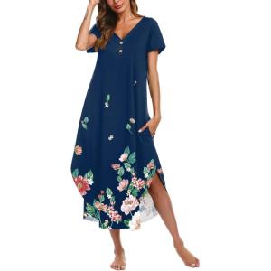 imageEkouaer Long Nightgowns for Women Button Night Gowns Short Sleeve Sleepwear Full Length Sleep Shirts With Pockets S3XLRed Flower