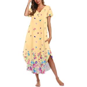 imageEkouaer Long Nightgowns for Women Button Night Gowns Short Sleeve Sleepwear Full Length Sleep Shirts With Pockets S3XLRose Red Flower