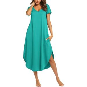 imageEkouaer Long Nightgowns for Women Short Sleeve House Dress with Pockets V Neck Sleepshirts Side Split Sleepwear S4XLAqua Green